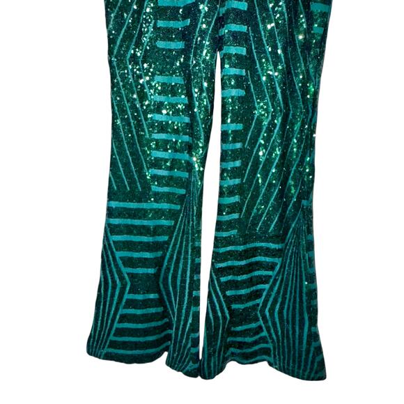 BLENCOT Women's Glitter Sequin High Waist Bell Bottoms Flared Pants Green XL - Picture 4 of 10